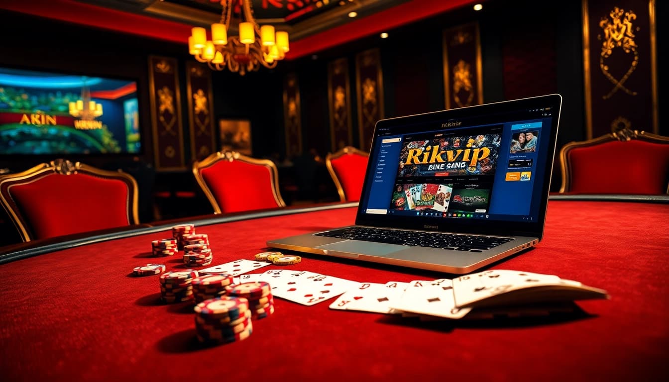 Thrilling poker game at a luxurious casino table highlighting Rikvip online gambling interface.