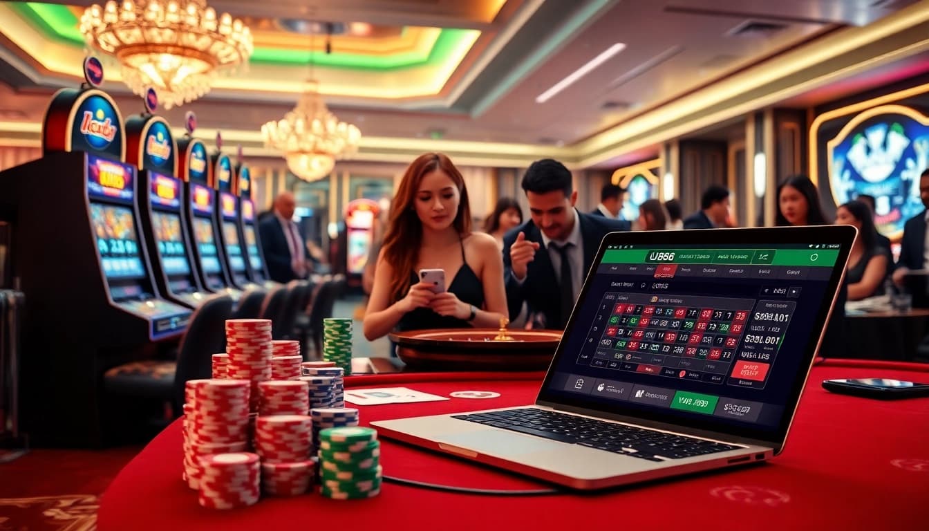 U888 players engaging with vibrant slots and roulette in a modern casino atmosphere.
