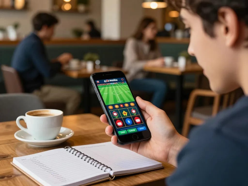 Engaging with the go8 mobile casino app, placing sports bets in a lively cafe setting.