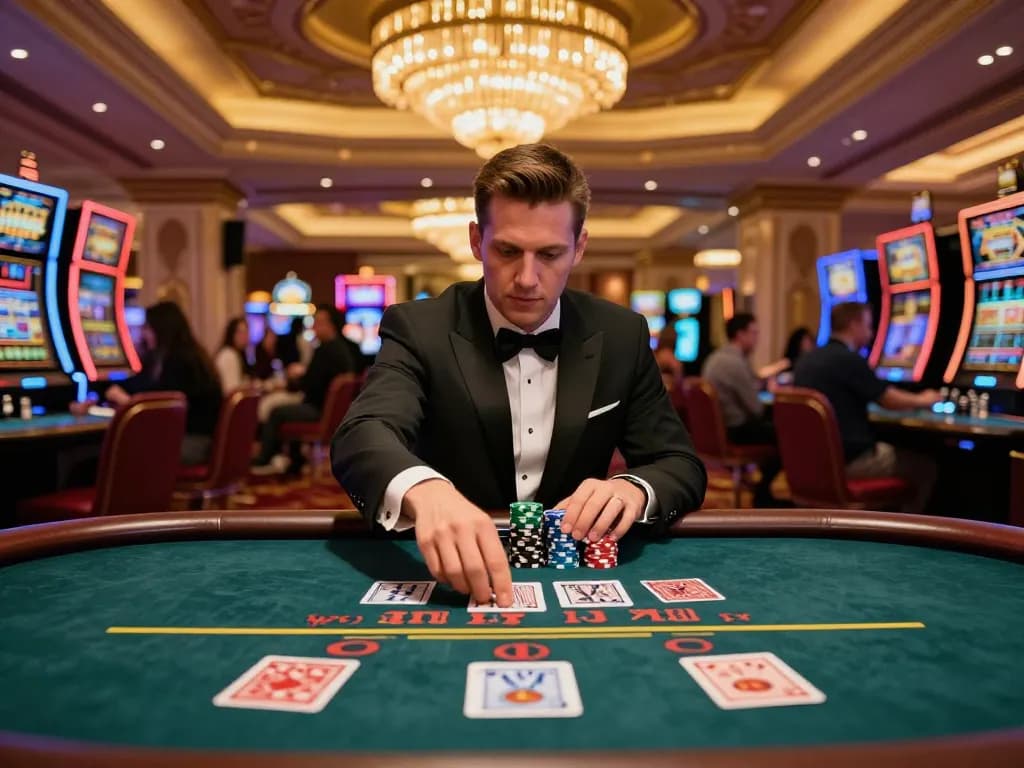 Player at dash88 blackjack table strategizing their next move in a vibrant casino atmosphere.