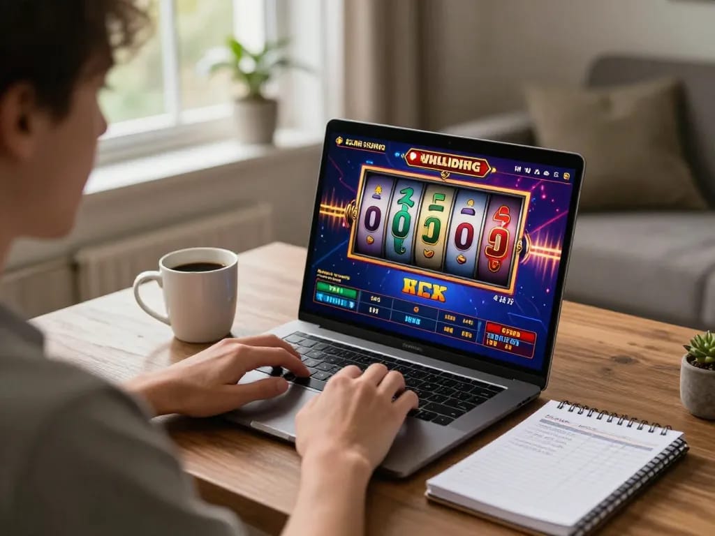 Player engaging with Slot Luar on laptop, showcasing a vibrant home gaming scene with bankroll management notes