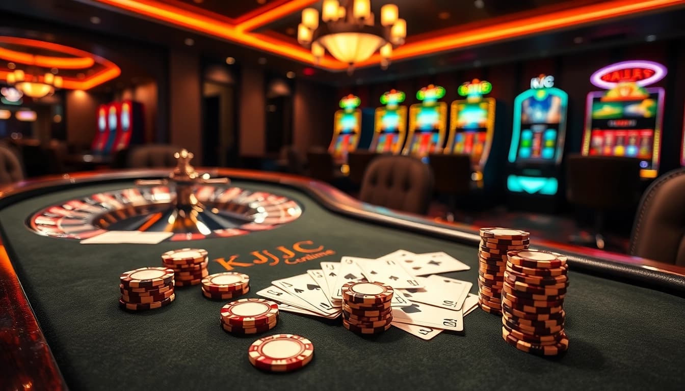 KJC branded poker table with colorful chips and exciting casino atmosphere