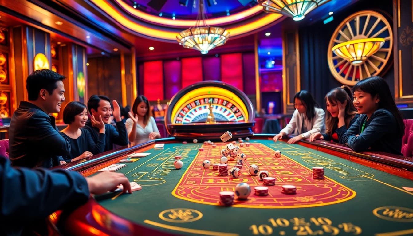 Engaging scene of players enjoying game tài xỉu in a vibrant casino atmosphere.