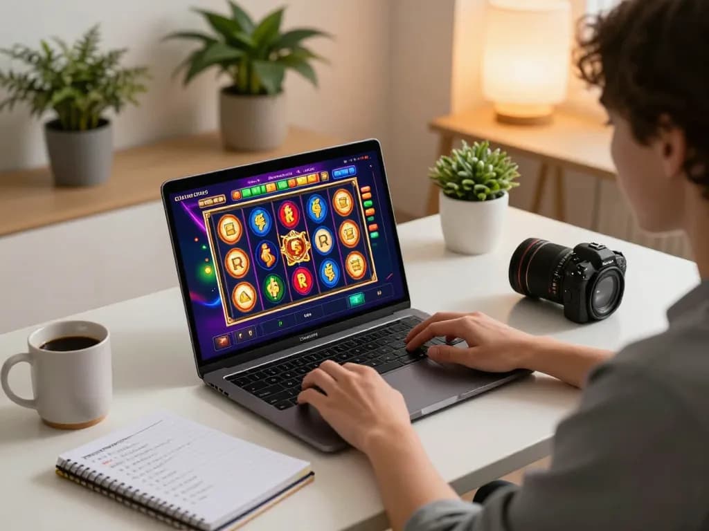 Engaged player spinning reels on slot online game from a cozy home setup with laptop and notebook.