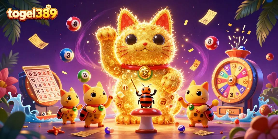 Experience the excitement of togel389 with a dynamic scene of a lucky cat and vibrant lottery elements.