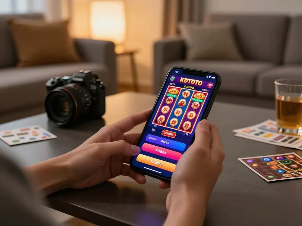 Engaging with KDTOTO online casino slots on a mobile device in a cozy setting.