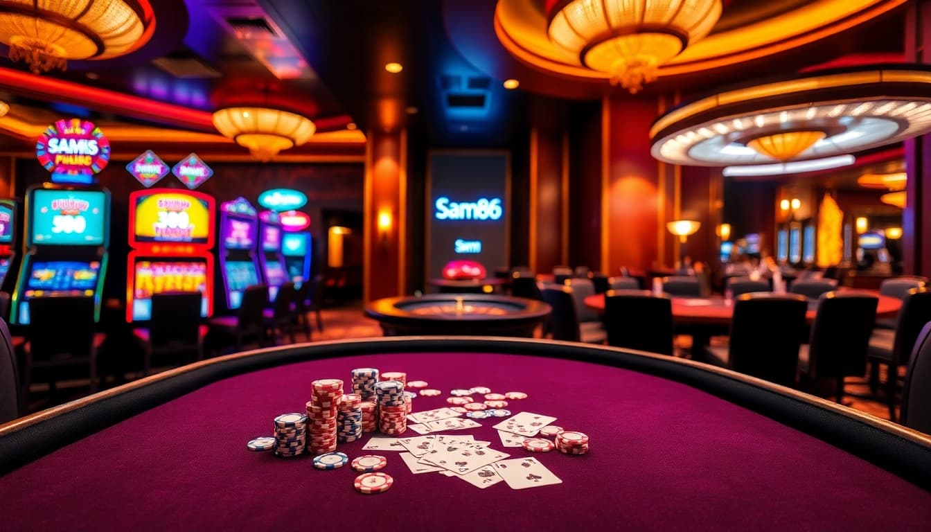 Experience the thrill of gambling at Sam86's luxurious casino setting with poker tables and slot machines.