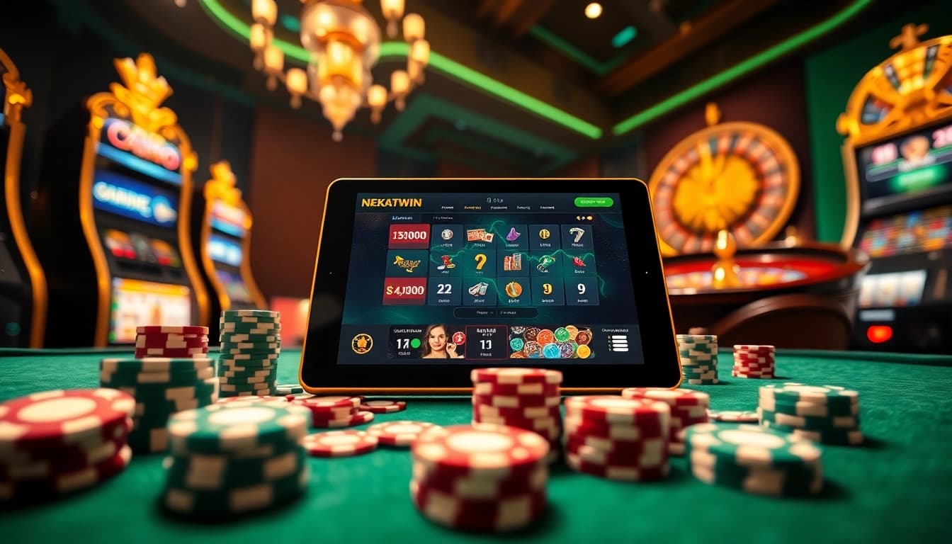 Engaging scene of NEKATWIN online gaming with vibrant casino elements showcasing excitement and luxury.
