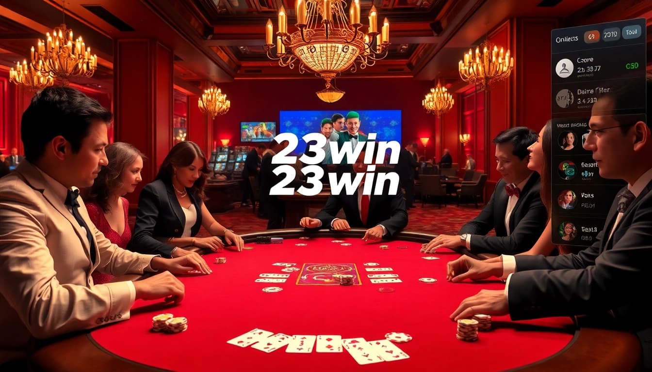 Players enjoying a high-stakes poker game with 23win chips and cards in a luxurious casino setting.