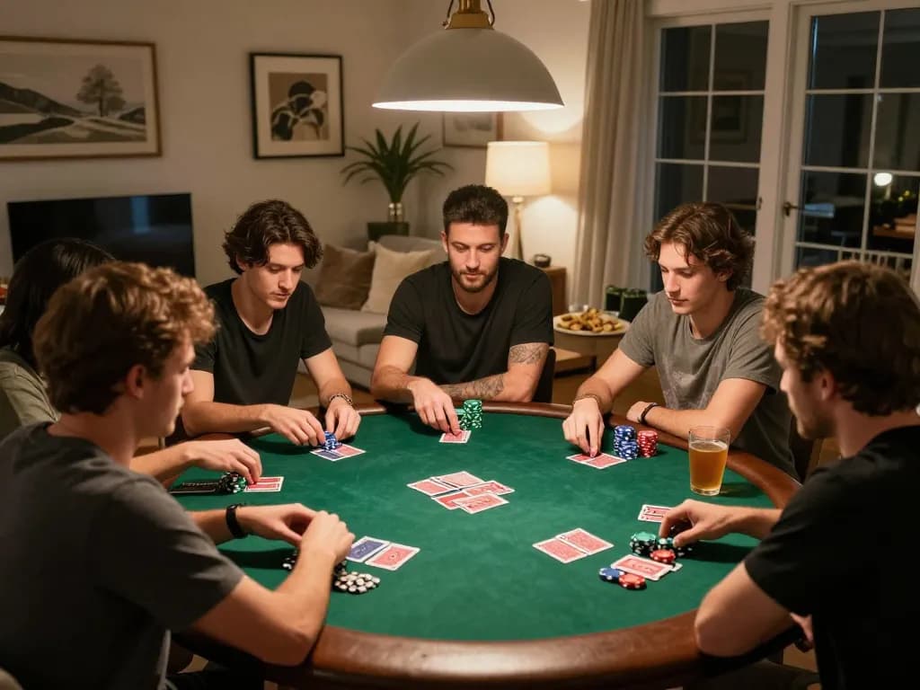 Friends enjoying a home poker night, exemplifying the fun and strategy of MM88 gaming.