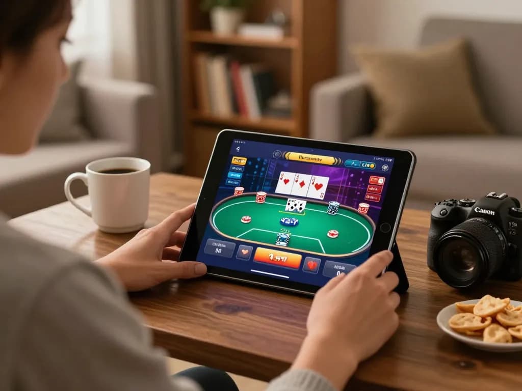 Player engaging with 888vi mobile app for online poker in a cozy living room setting
