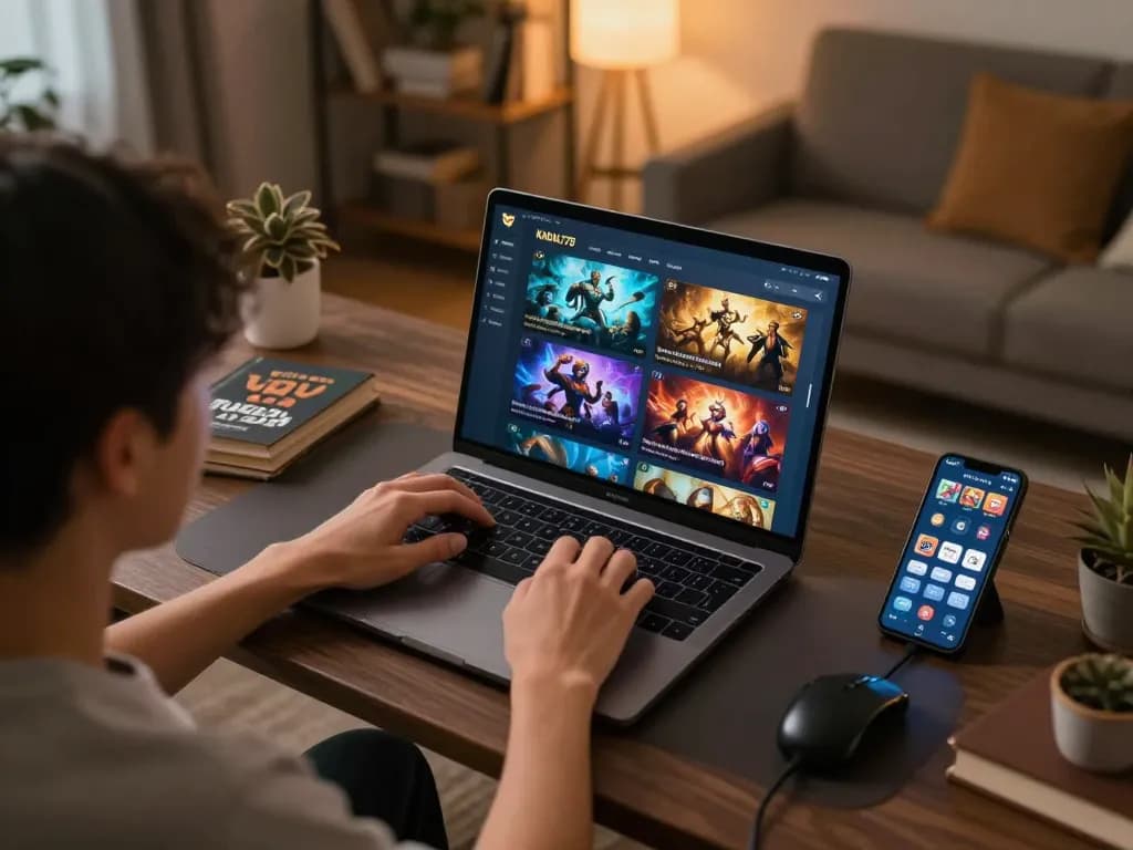 KADAL778 player enjoying online games with Greek mythology theme on a laptop, emphasizing responsible gambling.