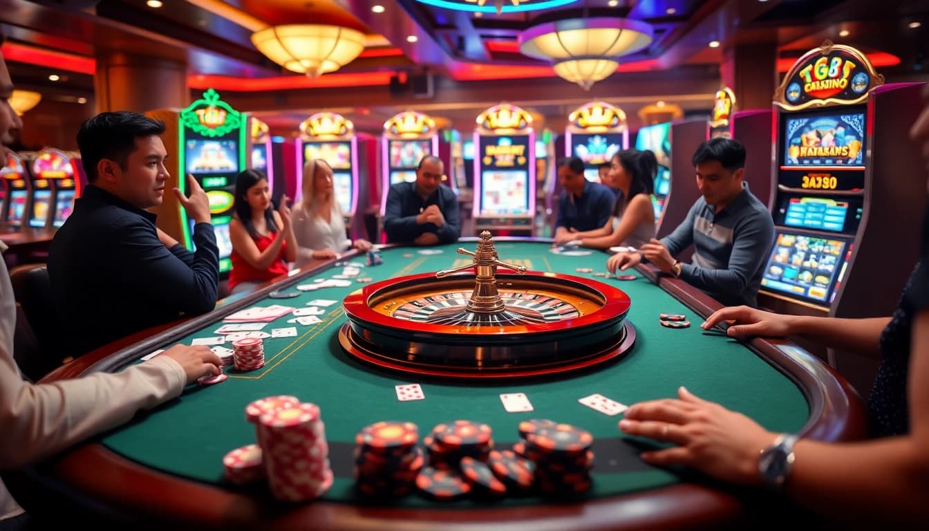 Experience the thrill of gambling at the TG88 gaming table with poker chips and cards.