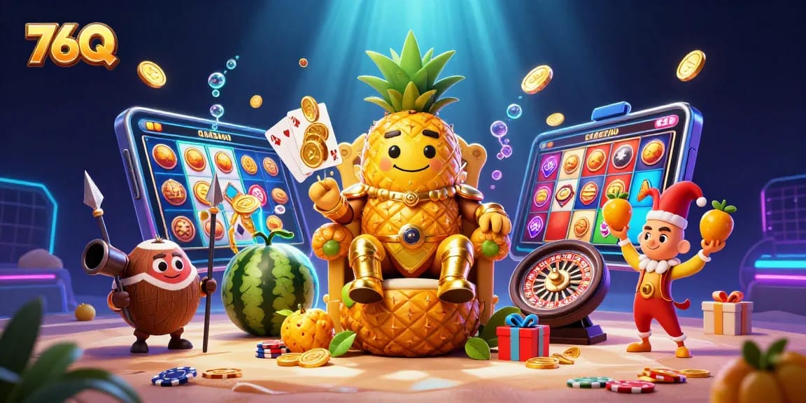 Aposte com 76Q em um cassino de praia animado, onde personagem carismático e símbolos de jogo se destacam.