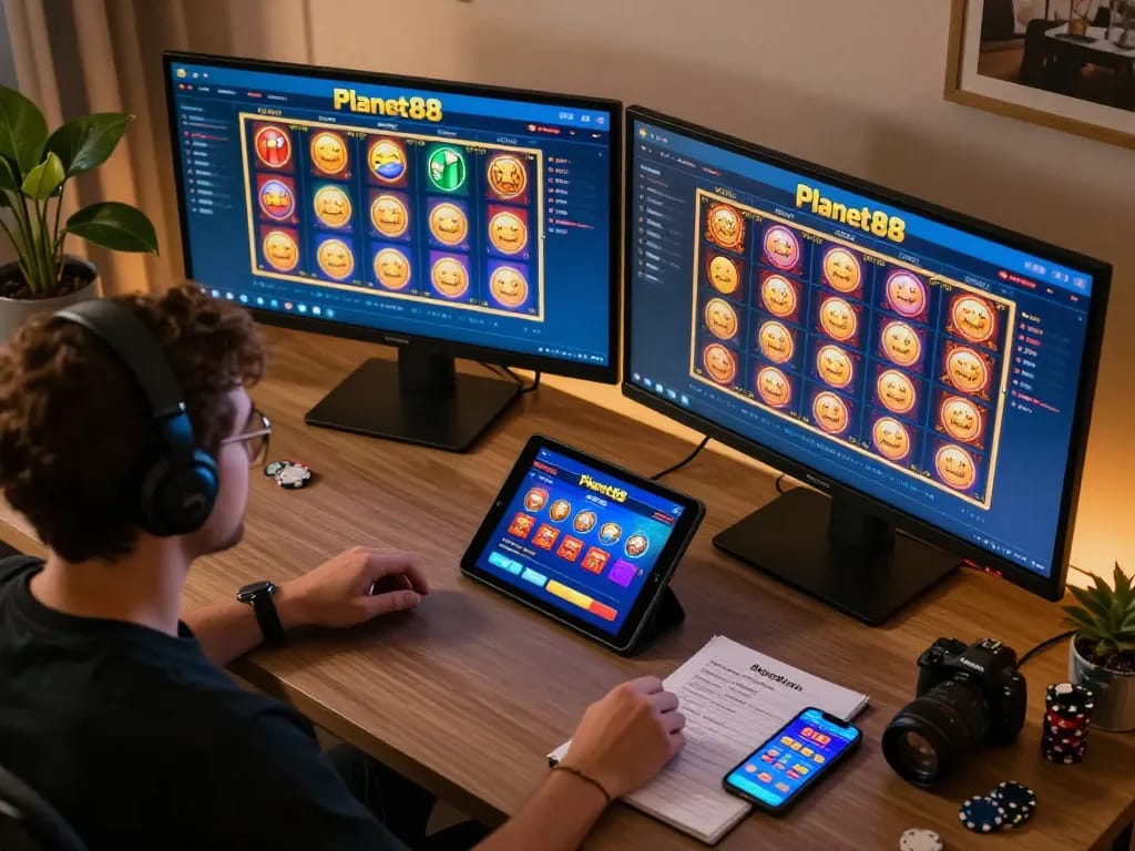Player engaging with Planet88 online slots on dual monitors in a modern home setup.