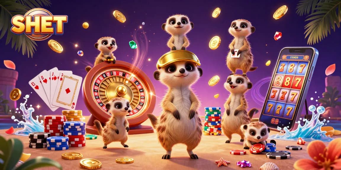 Play exciting games at SH BET with cartoon meerkats running a vibrant casino, coins flying everywhere!