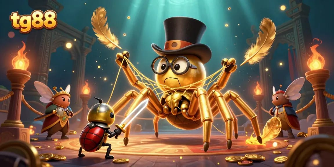 Experience tg88's thrilling casino atmosphere with a golden tarantula and brave knight in action.