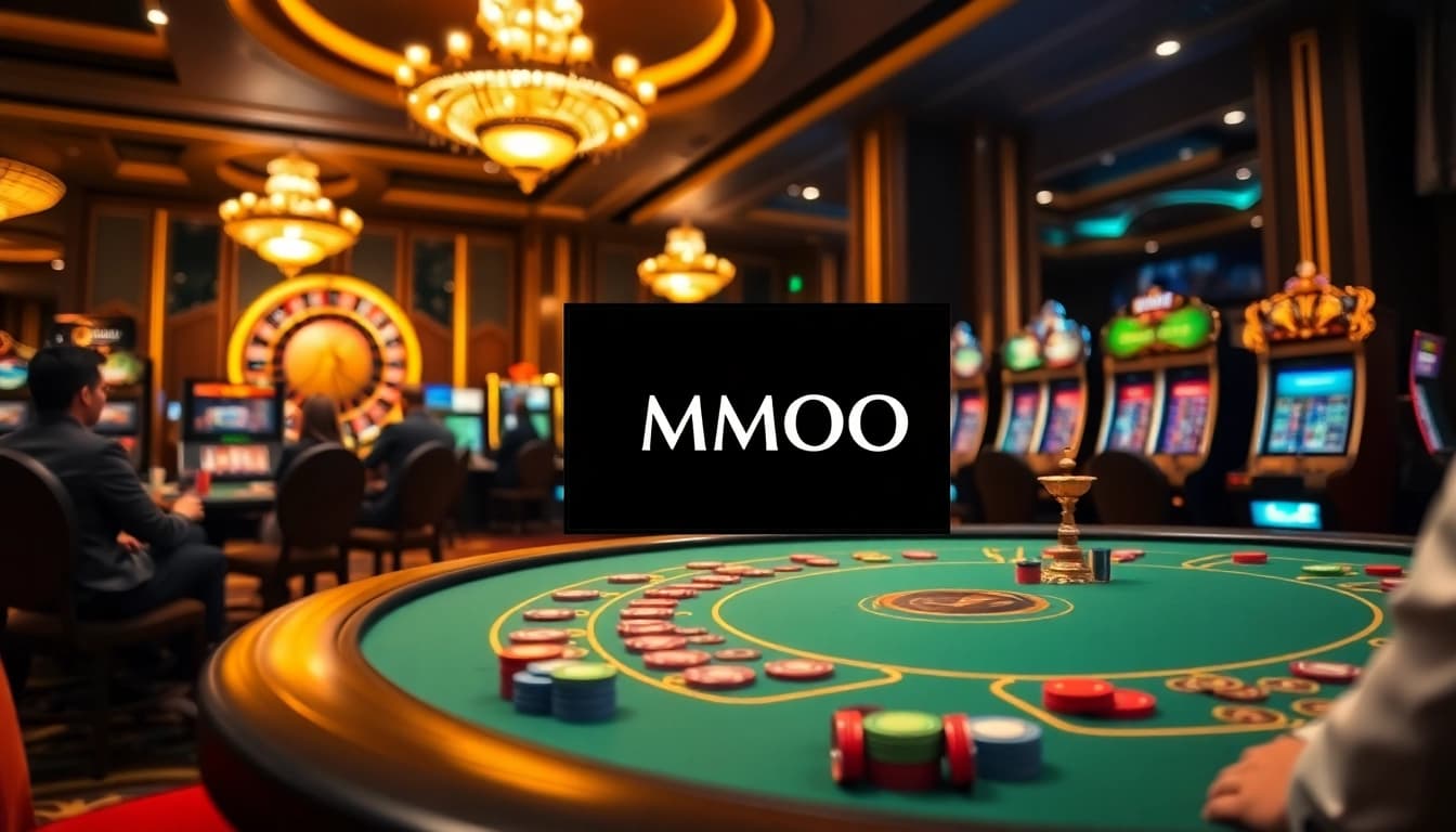 Players enjoying thrilling games at MMOO's luxurious casino environment with poker and roulette.