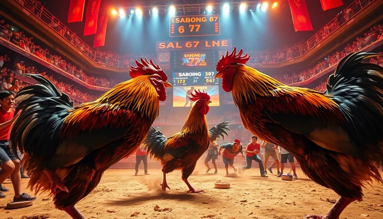 Exciting live action at a sabong 67 cockfighting event, with vibrant colors and cheering fans.