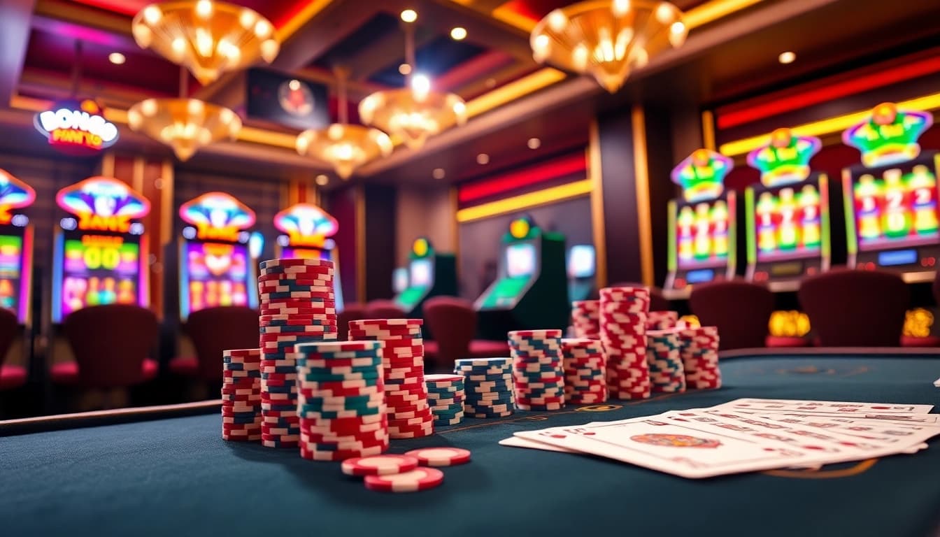 Bong99 betting scene with casino chips and glowing slot machines for an exciting gaming experience.