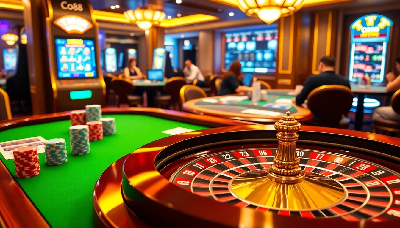 Players enjoy a vibrant casino atmosphere with co88 poker chips and a roulette table.