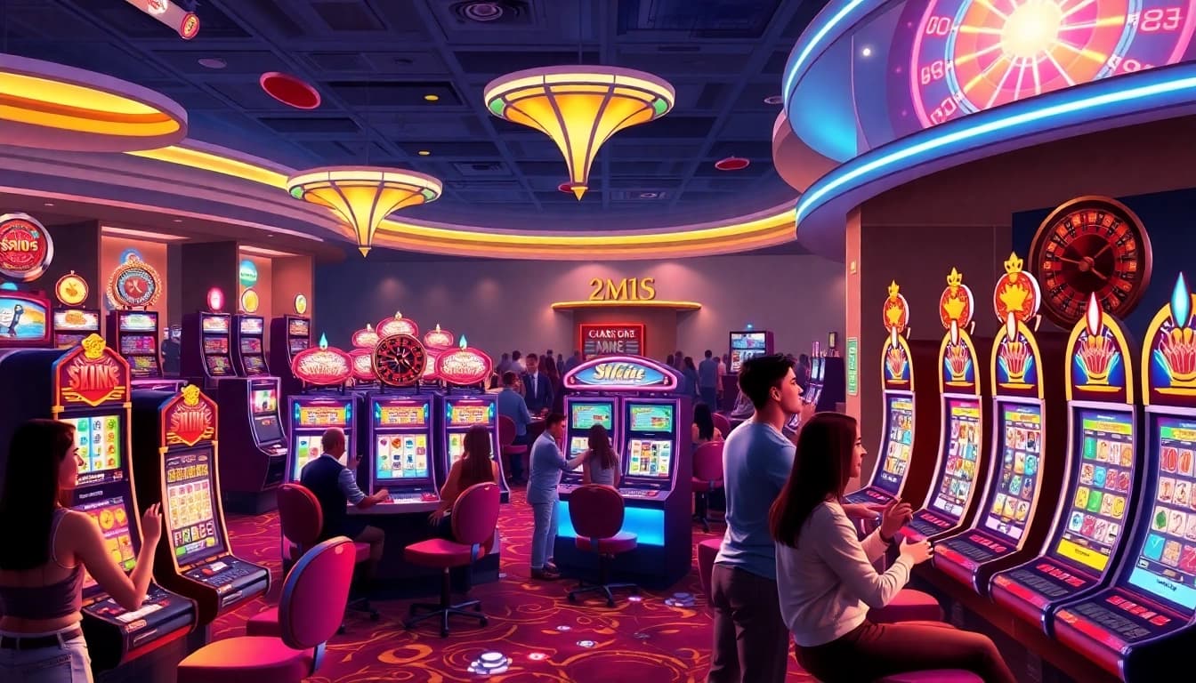 Players enjoying thrilling slot games at a vibrant casino with colorful machine lights.
