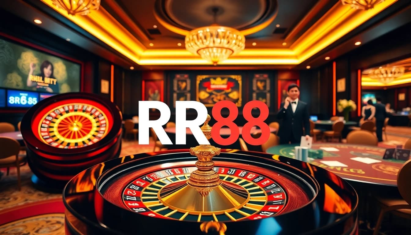 Exciting RR88 gaming scene with roulette wheel and poker chips in a luxurious casino setting.