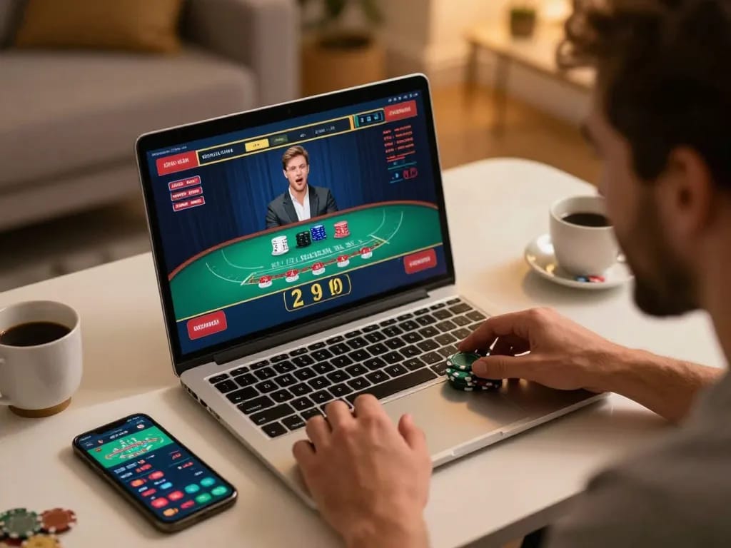 Engaging in thrilling online blackjack game, 5679 chips stacked, cozy home atmosphere