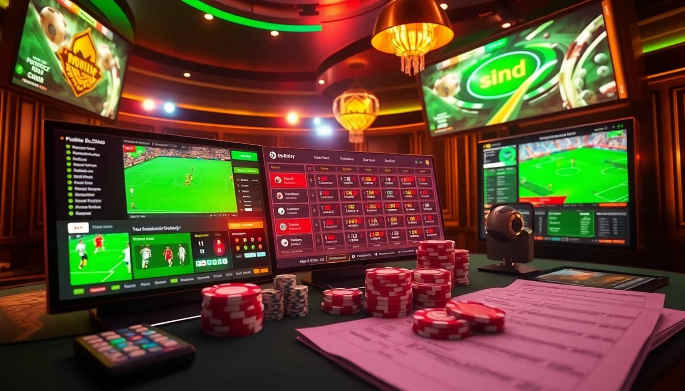 A strategic sports betting scene showcasing kèo nhà cái with interactive elements and vibrant betting slips.