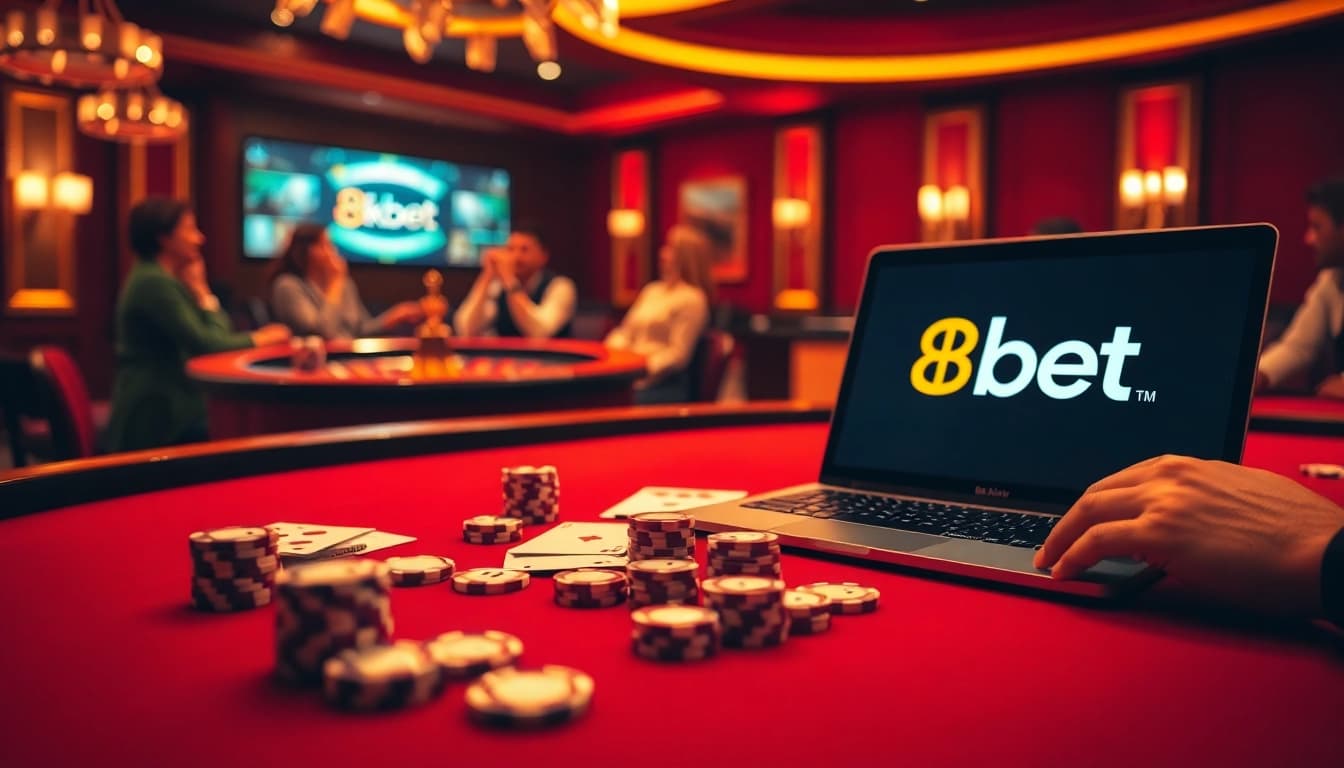 Players enjoying high-stakes poker at 8kbet casino with chips and cards.