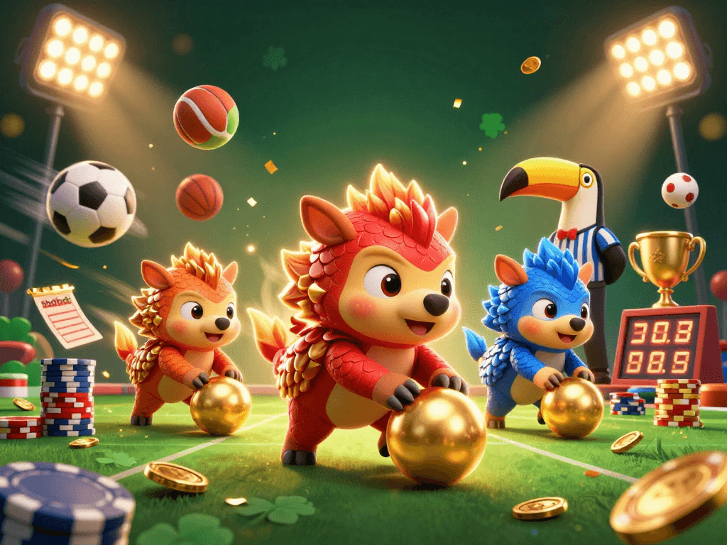 SboBet players enjoy a high-stakes game with rival pangolins amidst flying sports balls and golden winnings.