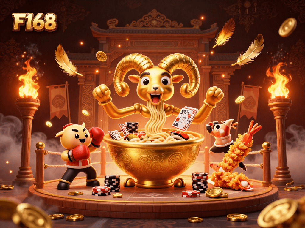 F168 showcases an engaging scene with a giant ramen bowl dealer amidst casino elements, creating excitement.