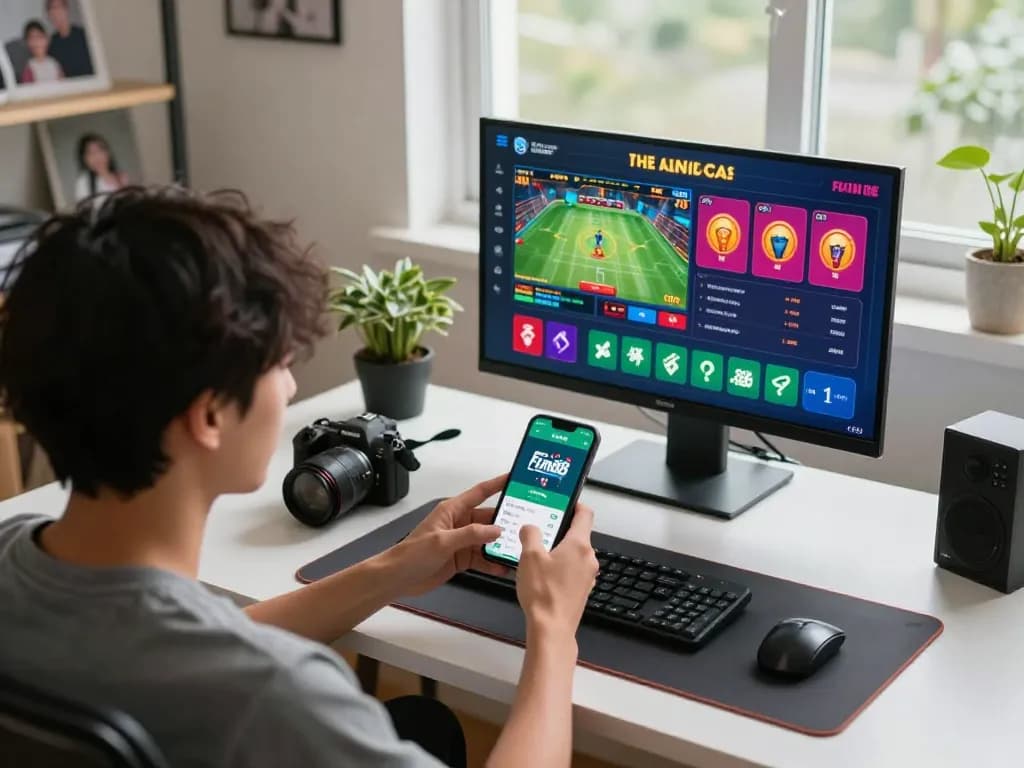 Place bets on Fun88 app in a modern home office, capturing excitement in online gambling.