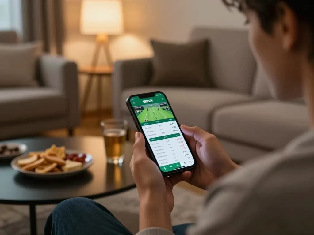 Engaging sports betting experience on OKFUN app in a cozy living room atmosphere.