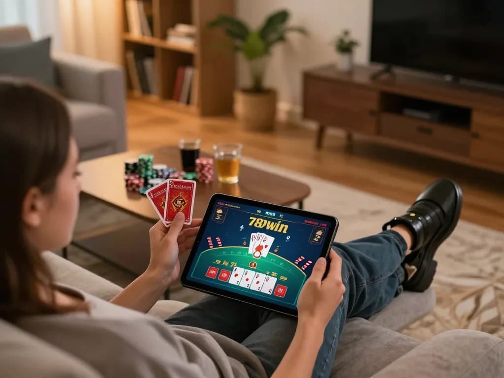 Engage in thrilling online blackjack gameplay at 789win, showcasing strategy and excitement in a cozy home setup.