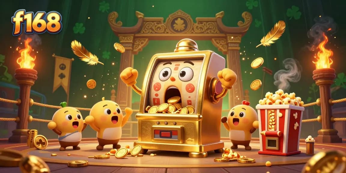Win big with f168 as the excited golden slot machine hits a jackpot, coins flying everywhere.