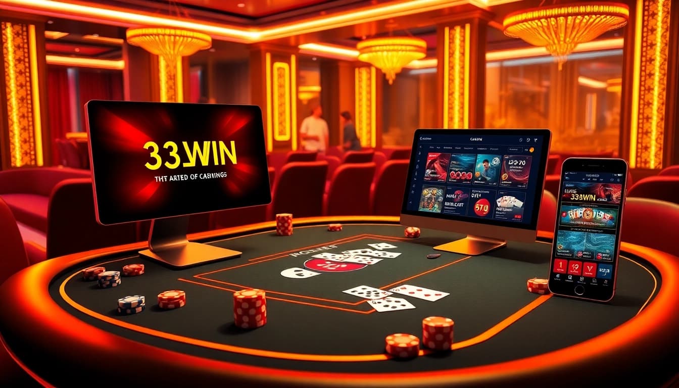 Experience thrilling online gaming at 33WIN with poker chips, cards, and a casino table.