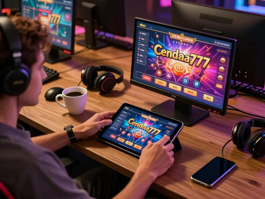Cendana777 online gaming session showing vibrant gameplay on a tablet with cozy atmosphere