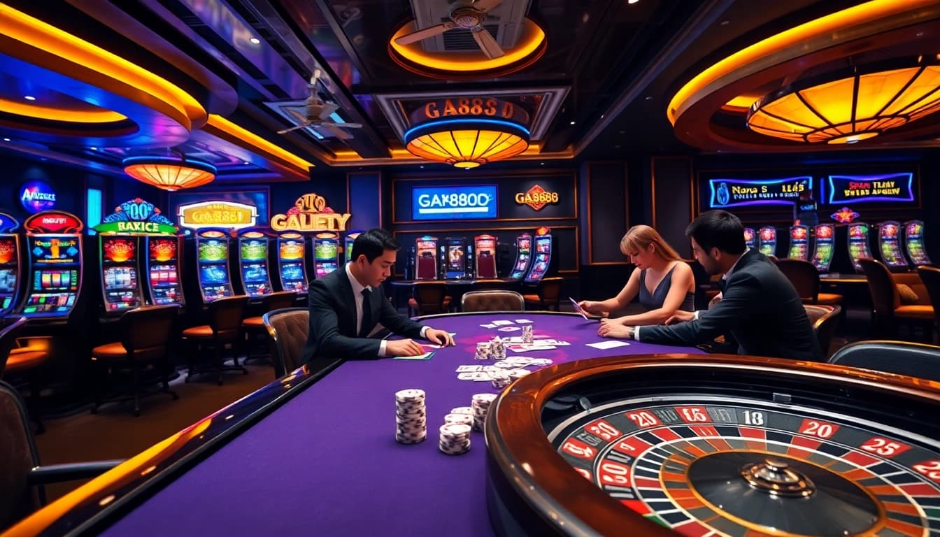 Experience intense gambling action at GA888 with vibrant casino scenes, poker chips, and roulette wheels.