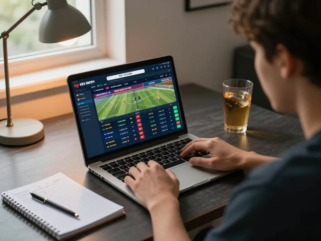 KÈO TRỰC TUYẾN sports betting user analyzing live odds on laptop for better betting strategy.