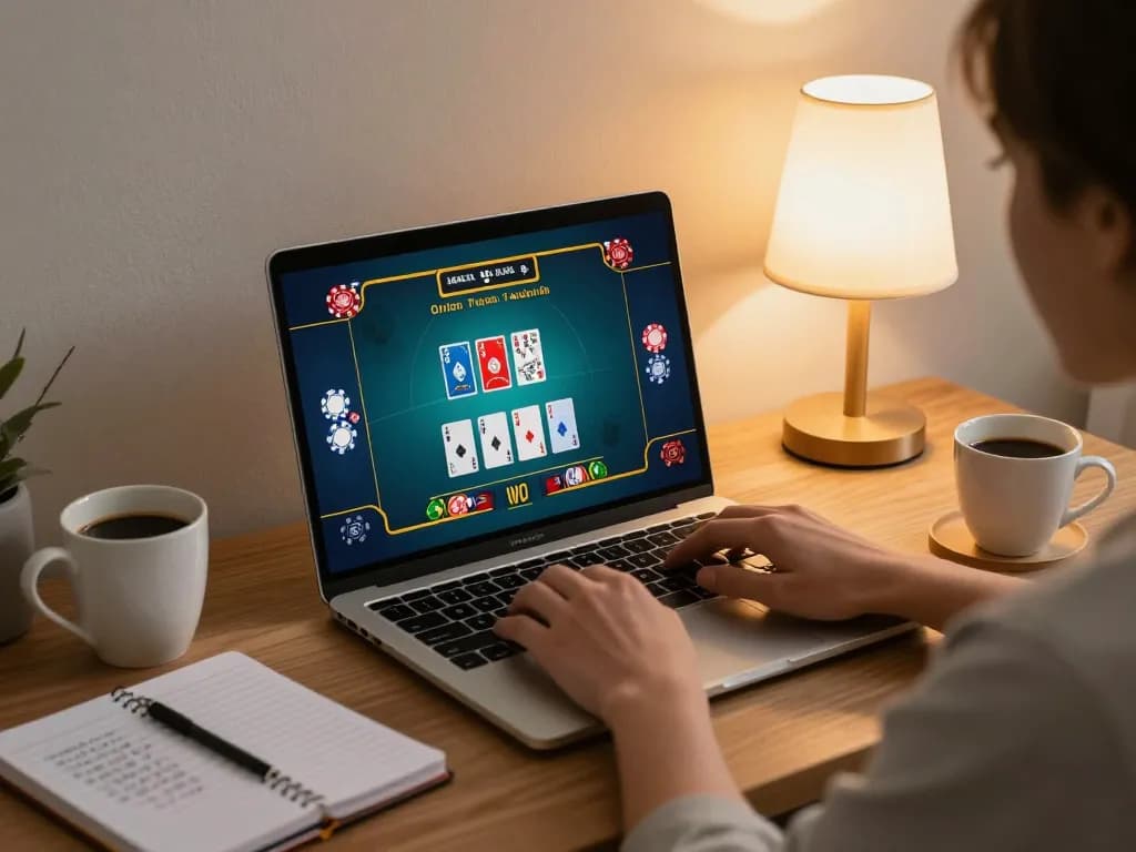 Player enjoying F168 online casino game with cards and chips visible in a cozy home setting