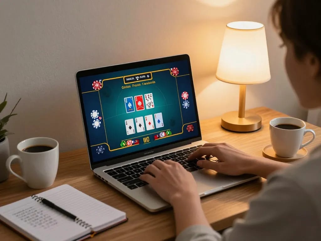 Player enjoying F168 online casino game with cards and chips visible in a cozy home setting