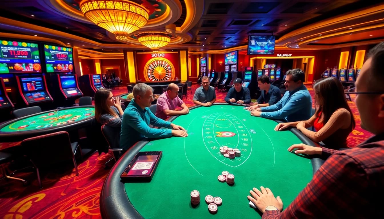 Players enjoying high-stakes games at SODO Casino, with vibrant tables and thrilling atmosphere.