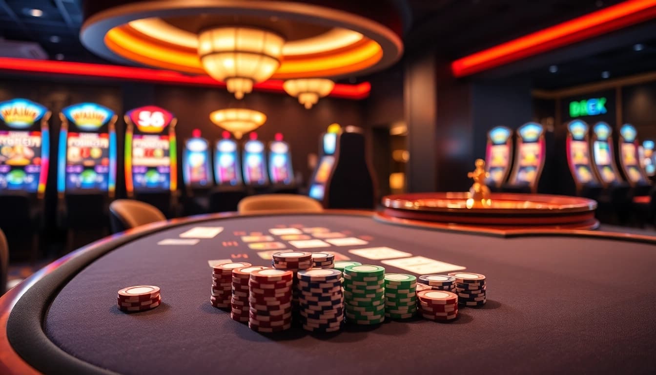 S8 poker table with colorful chips and cards in an upscale casino setting