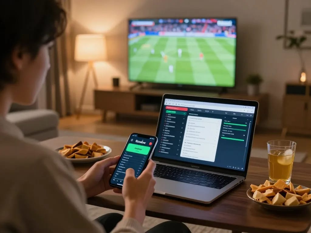 Socolive user placing bets on a smartphone while enjoying a football match in a cozy environment