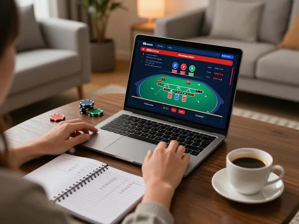 Person playing live dealer blackjack at home on their laptop using kuwin for an engaging online gaming experience.
