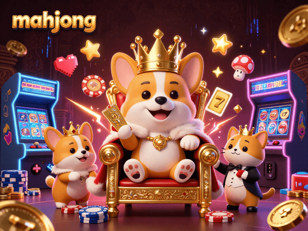 Experience mahjong action with a royal corgi on its throne, amidst vibrant casino-themed elements.