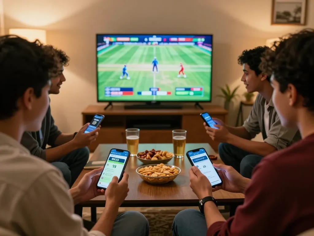 Engaging BK33 sports betting scene with friends excitedly placing bets on their smartphones.