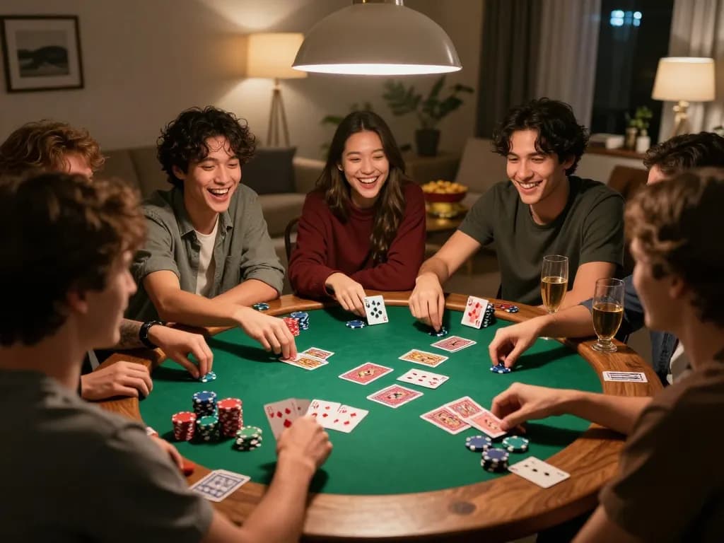 Friends playing poker at home, showcasing strategic gameplay and camaraderie at RR88 game night.