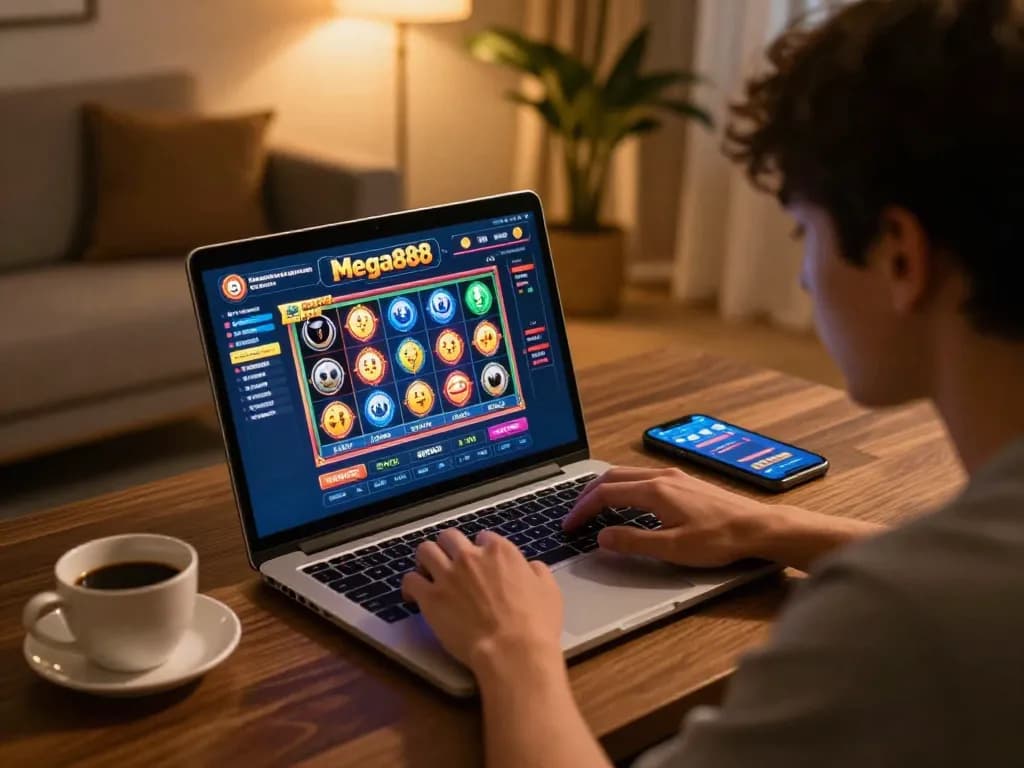 Engaging moment of online gaming for free credit Mega888 with dynamic interface displayed on laptop